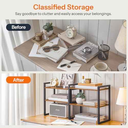 HOOBRO Desk Shelf Organizer, Adjustable Desktop Bookshelf, 2-Tier Shelf for Top of Desk, Wooden Office Storage Rack, for Office, Study, Kitchen, Dorm, Rustic Brown and Black BF39SJ01