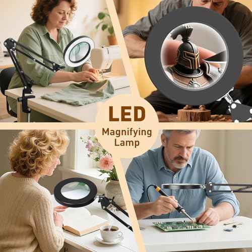 KIRKAS 10X Magnifying Glass with Light and Stand, 72 LEDs Brightest Desktop Magnifying Lamp, 10 Dimmable Brightness 3 Color Modes, Hands Free Metal Magnifier Lamp for Craft Reading Close Work-Black