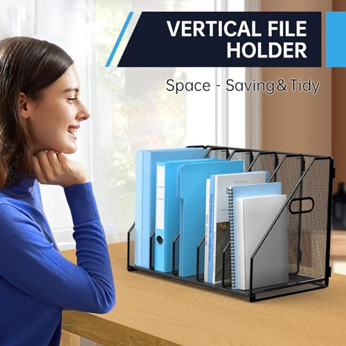 MINDEPOT Black Vertical Desk File Organizer with 5 Compartments - Office Storage