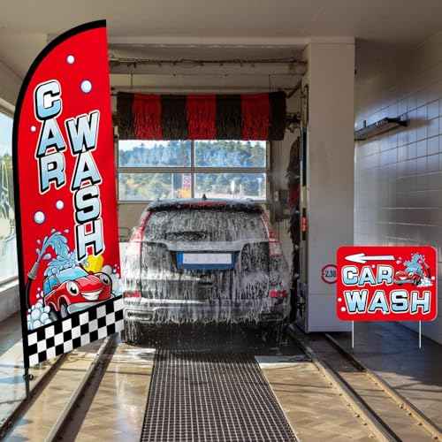 Car Wash Feather Flag Pole Kit Include 7 ft Banner Flag with Poles 5 Pcs Car Wash Sign and 10 Pcs Ground Stake for Outside Business Stores Shops Decoration