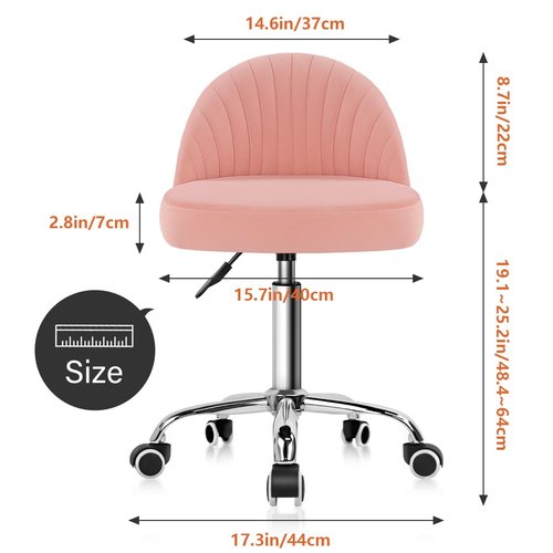 KKTONER Rolling Stool Swivel Office Chair Velvet Vanity Chairs Height Adjustable stools with Back for Bedroom Home Makeup Cosmetic Drafting(Pink)