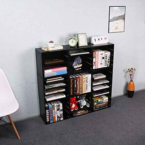 PAG Mail Sorter Organizer, Wood Countertop Literature Organizer, Office Supplies Desktop File Bill Paper Organizer for Office Home School, 4 Compartments, Black