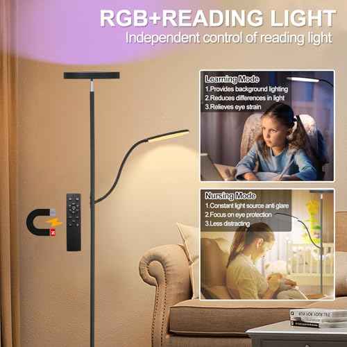 Floor Lamp , Dimmable RGB Floor Lamp,24W/2000LM Main Light and 10W/350LM Side Reading Lamp, Adjustable 3 Colors 2700K/4000K/6500K Tall Lamp with Remote & Touch &APP Control for Living Room Bedroom