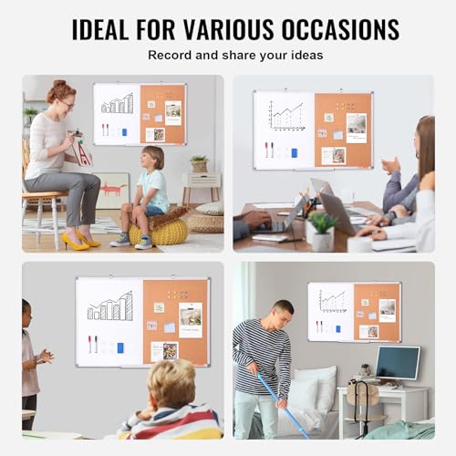 VEVOR 36"x 24" Whiteboard & Cork Board Combo with Aluminum Frame ? 2-in-1 Magnetic Dry Erase Bulletin Board for Wall Mount ? Ideal for School, Home, Office