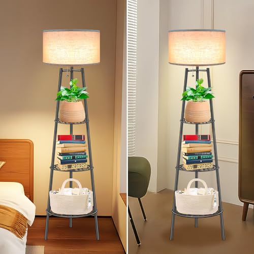 Floor Lamp with Shelves for Living Room£¬ Standing Lamp£¬Tall Lamp£¬ Amparas Elegantes para Sala with Linen Shade£¬Modern Floor Lamp for Living Room£¬Bedroom or Office£¨Black £©