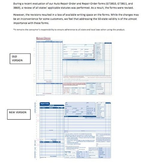 Adams Garage Repair Order Forms, 8.5 x 11.44 Inches, 3 Part, 50 Sets, White and Canary, (GT3810)
