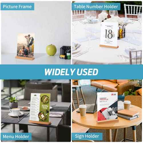 Smarpau 4x6 Acrylic Sign Holder with Wood Base, 8 Pack L/T Shape 2 in 1 Table Sign Stand Vertical or Slant Back Display, Photo Picture Frame, Menu Holder for Restaurant, Office, Store, Wedding
