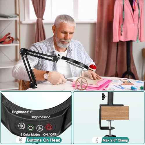 10X Magnifying Glass with Light and Clamp, 5-Inch Real Glass Lens, LED Lighted Magnifier Hands Free with Swivel Arm, 5 Color Modes Brightness Steepless Dimmable, Stand Desk Lamp for Close Work, Craft
