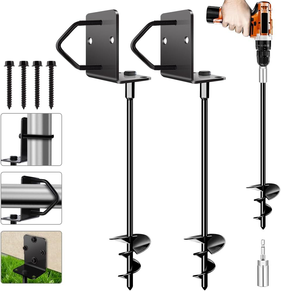 Skiennix Ground Anchors - Heavy-Duty 14" Shed & Trampoline Stakes | Set of 2 for Garden & Playset (Black)