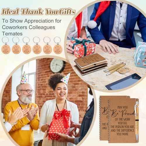 Gueevin 90pcs Employee Appreciation Gifts Bulk Inspirational Spiral Notebook with Motivational Bamboo Ballpoint Pens Appreciation Keychains for Nurse Teacher Employees Coworker