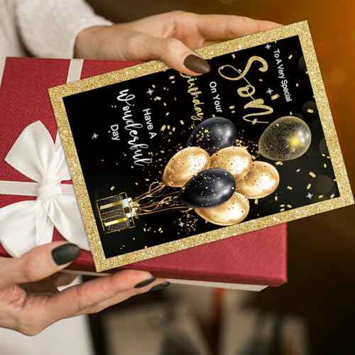 Son Birthday Card for Special Boy - Heartfelt Birthday Greeting from Mom and Dad - Have A Wonderful Day Message with Premium Envelope - 7.1x5.3 Inch Elegant Design