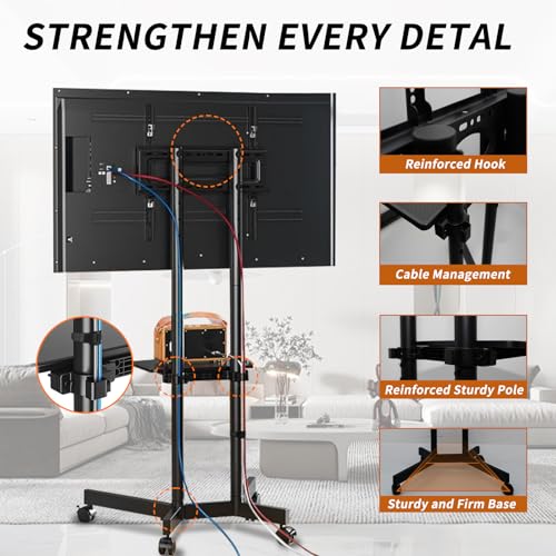 Solid Grace Rolling TV Stand with Wheels for 32-75 Inch TVs up to 88lbs, Portable TV Stand with Shelf, Mobile TV Cart for Living Room, Office, Meeting Room, Outdoor