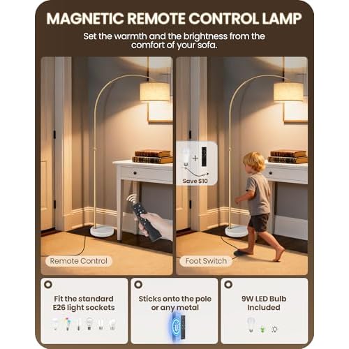 75" Arc Floor Lamp with Marble Base and Adjustable Height, Rotating Hanging Shade, Dimmable Gold Floor Lamp for Living Room with Remote and Foot Switch, 3 Color Temperatures, Timer, DE15LD05