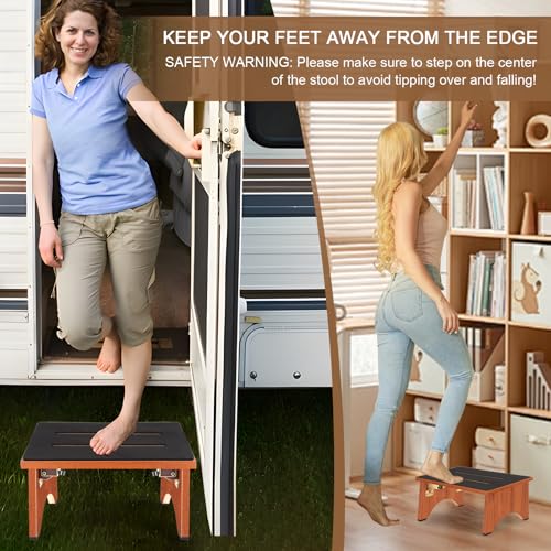 RayLove Brown Foldable Wooden Step Stool 450 LBS Capacity with Non-Slip Feet, 7 Inch High