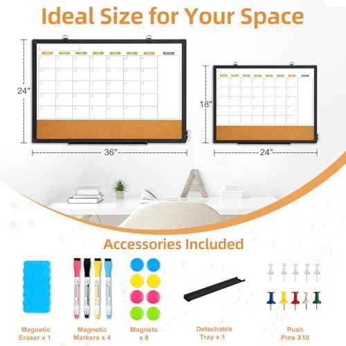 Dry Erase Calendar Whiteboard for Wall, WALGLASS 24" x 18" Double-Sided Monthly Calendar White Board Cork Combo, Black Aluminum Frame Hanging Wall Mounted Bulletin Corkboards for Home, Office, School