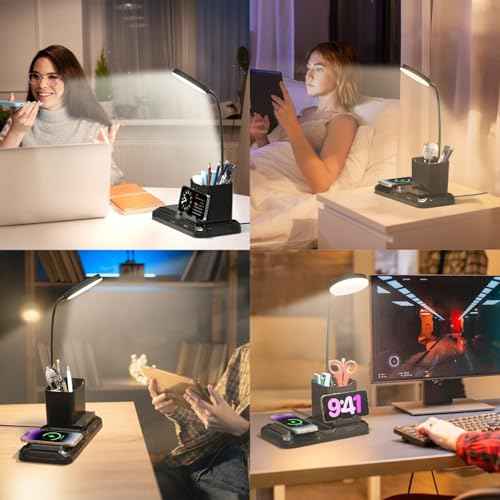 KDD 4 in 1 Desk Lamp with Wireless Charger - 360¡Æ Rotating Gooseneck Small Table Lamp with Pen Holder & Phone Stand, Adjustable White and Warm Light Dual Mode LED Desk Light for College Dorm Room