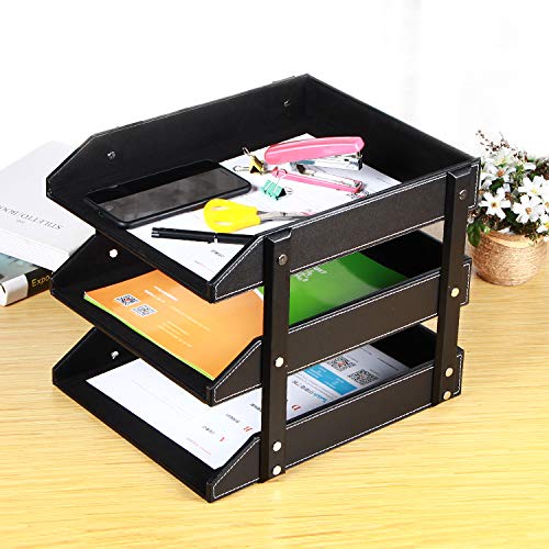Leather File Trays for Desk Stackable,3-Tier Document Letter Tray,Office Desktop Organizers and Accessories for Folders Stationery Bills Magazine Newspaper (Black)
