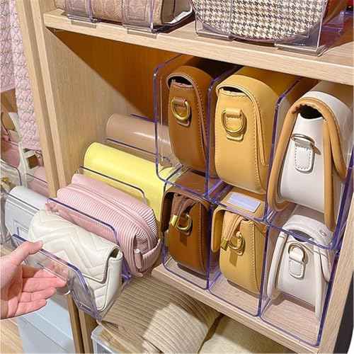 YAGELI Clear Acrylic Purse/Handbag Organizer - 4 Sections Divider for Closet Storage - Sturdy Organizer Rack for Purses, Handbags, and Clutches(4Pack-4Sections)