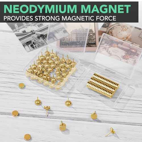 E BAVITE 80 Set Magnetic Push Pins,Flat Push Pin, Magnetic Thumb Tacks for Wall Bulletin Board Poster and Photo Hangers (Gold)