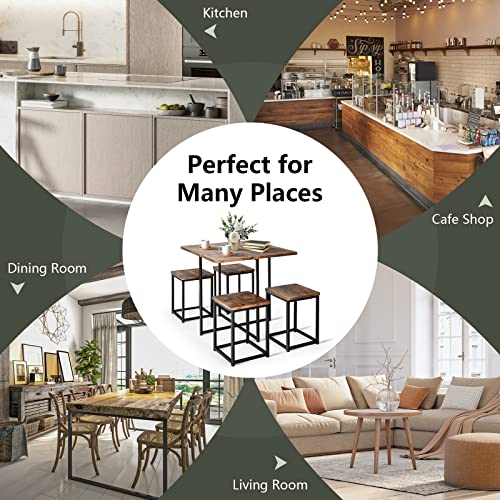 COSTWAY 5-Piece Dining Set for 4 Brown Square Table with 4 Stools
