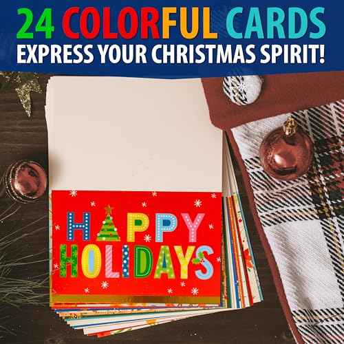 24 Pack Christmas Cards with Envelopes and Stickers, 24 Festive Designs Gold Foil Glitter Christmas Card Set, 6 x 4 In with Printed Greeting Messages Inside, for Friends, Family, and Kids
