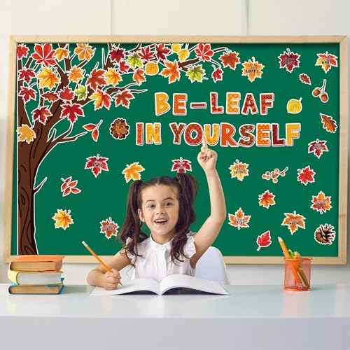 82Pcs Fall Bulletin Board Classroom Decorations Set,Autumn Maple Leaves Paper Cutouts Inspirational Posters Be Leaf in Yourself Wall Decor for School Chalkboard Office Home Thanks Giving Supplies
