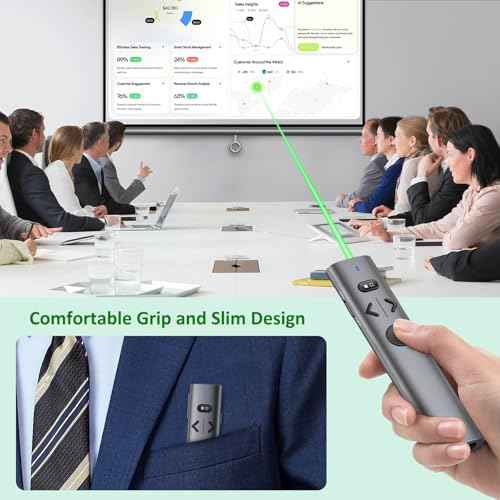 Presentation Clicker with Green Pointer, Rechargeable Wireless Presenter for PowerPoint Presentation Pointer PPT Clicker, 2.4GHz Presenter Remote Slide Advancer for Computer MacBook