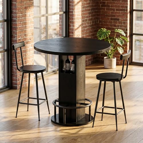 Hosnnile 3-Piece Round Bar Table Set with Storage, 31.5" Dining Table & 2 Bar Stools, Modern Farmhouse Kitchen