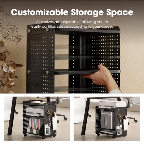 Fenge 3D Printer Stand, Heavy Duty Pegboard Storage Organizer with Adjustable Shelf, 22x18 Inch Rolling Printer Cart with Wheels, 3 Tier Home Office Stand