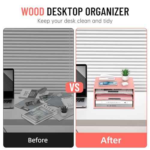 Wood Desk Organizer, 3 Tier Paper Tray Organizer for Desk with Adjustable Storage Shelves, Desktop Paper Sorter Mail Holder for Office Home Classroom, Pink