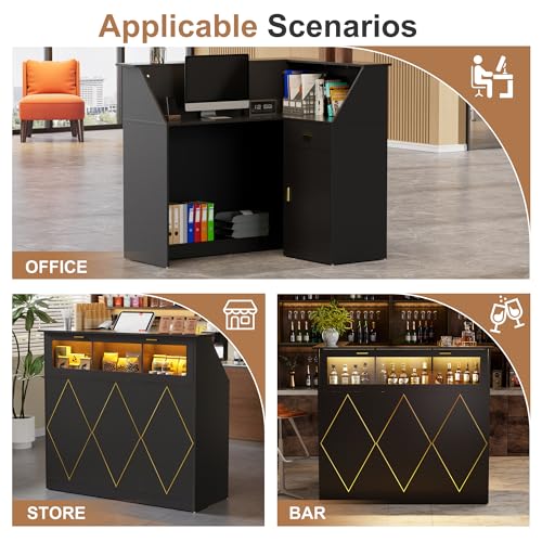 PAKASEPT 50" Modern Reception Desk with LED Lights, Glass Display Shelf, Black