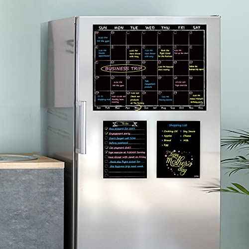 Magnetic Chalkboard Monthly Calendar with neon Bright Liquid Chalk Markers ? Black Refrigerator Monthly Planning Board w/Bonus - Grocery List and Notepad for Kitchen Refrigerator