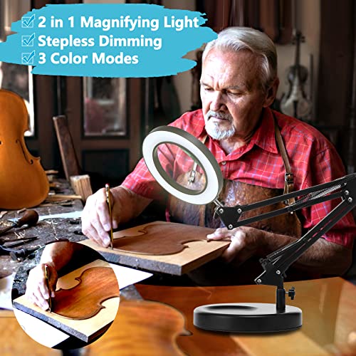 KIRKAS 10X Magnifying Glass with Light and Stand, 2-in-1 Stepless Dimmable LED Desk Lamp with Clamp, 3 Color Modes Lighted Magnifier Swivel Arm Light for Reading, Craft, Close Works - Black