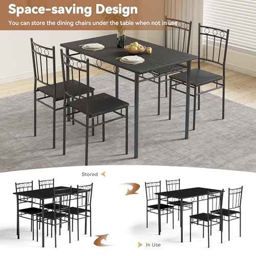 Dining Table Set for 4, 5-Piece Kitchen Table and Chairs, Rectangular Dining Room Table Set with 4 Chairs, Space-Saving Kitchen Table Set for Small Space,Dinette,Apartment,Pure Black