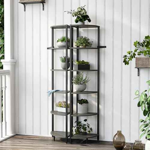 6 Tier Corner Shelf 63.1" Tall Corner Shelves Stand Ladder Shelf Grey Woodgrain Industrial Standing Bookshelf Organizer Display Rack Bookcase Plant Stand for Living Room Bedroom CS-001GW