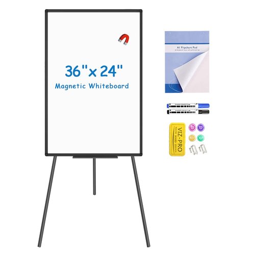 VIZ-PRO Magnetic Whiteboard Easel/Portable Dry Erase Board Black, 36 x 24 Inches, with 1 Flipchart Pad & 1 Dry Eraser & 14 Markers & 4 Magnets