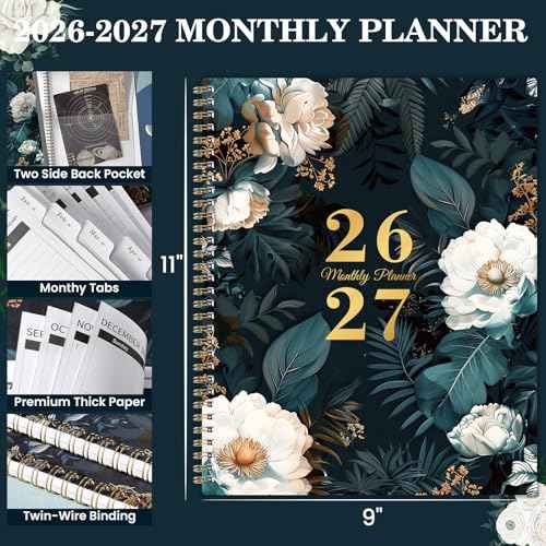2026-2027 Monthly Planner - 2 Year Monthly Planner 2026-2027, Jan 2026 - Dec 2027, 9" x 11", 2 Year Calendar Planner, Months Tabs, Twin-Wire Binding, Two-Side Pocket, Thick Paper, Holidays & Note Section