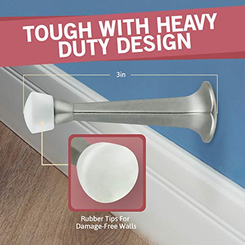 Jack N¡¯ Drill 3-Inch Rigid Door Stop (12 Pack) - Heavy Duty Solid Metal Door Stopper | Prevents Wall & Door Damage - Rigid Rubber Tip Door Stop for Kitchen, Bedroom, Office (Satin Nickel)