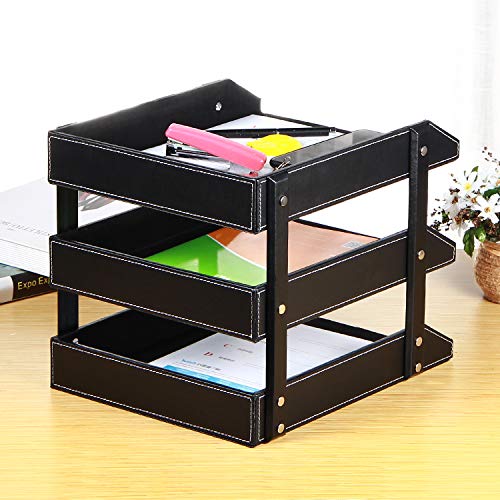 Leather File Trays for Desk Stackable,3-Tier Document Letter Tray,Office Desktop Organizers and Accessories for Folders Stationery Bills Magazine Newspaper (Black)