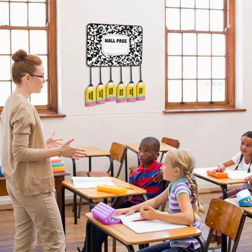 7 Pcs Hall Passes for Classroom Include 1 Hall Passes Chalkboard with 6 Pack of Pencil Shape Hall Passes Bathroom Passes for Classrooms Elementary School Teacher Gift
