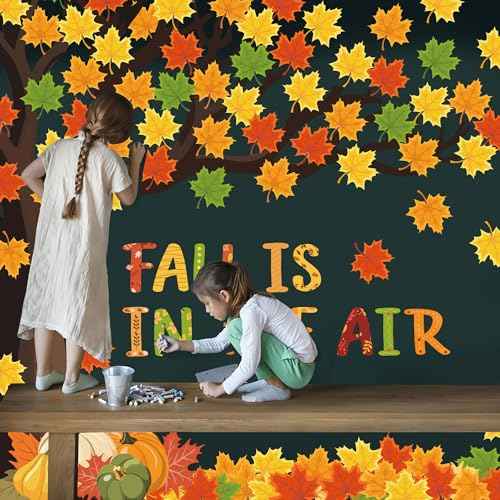 97 Pcs Fall Tree Bulletin Board Decorations Maple Leaves Pumpkin Paper Cutouts Fall is in The Air Bulletin Board Cutouts Classroom Tree Decor with Glue Points for Home Classroom Wall Chalkboard Decor