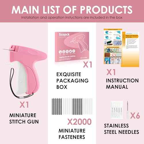 Handheld Stitch Tag Gun for Clothes, Quick Clothing Fixer, Tagging, Sewing Kit Includes 6 Needle, 1000 Black Fasteners & 1000 White Fasteners, Pink