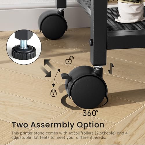 Printer Stand with Charging Station, 4-Tier Printer Stand with Storage, Large Tall Printer Table with Wheels for Home Office, Kitchen, Living Room, PrinterCart Beside Desk for Printer, Scanner Black