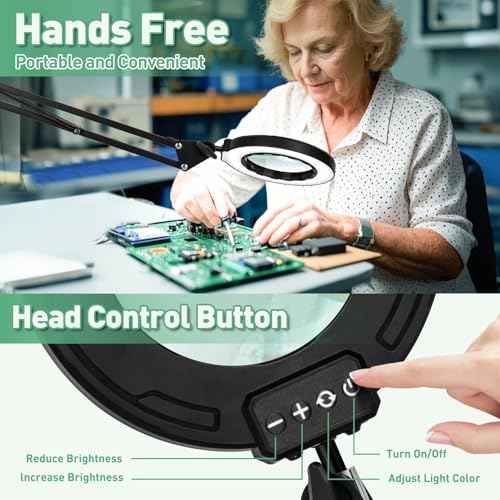 12X Long Arm Magnifying Glass with Light, 5 Color and Brightness LED Desk Lamp with Large Clamp, Hands Free Magnifier Light and Stand for Workbench Crafts Reading Hobby Close Work