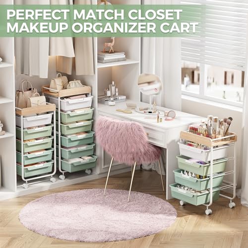 SYKIARIOL Green 4-Drawer Rolling Storage Cart with Wooden Top, Multi-Use Organizer