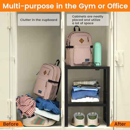 Locker Organizer Shelf, Metal Adjustable Width and Height, Ideal Locker for School, Office, and Gym Lockers, Extends Locker Storage Organization, Black