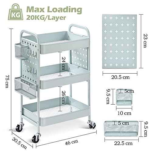 TOOLF 3-Tier Rolling Cart, Metal Utility Storage Cart with DIY Pegboards, Art Craft Trolley with Baskets Hooks, Serving Organizer Easy Assemble for Office, Home, Kitchen, Classroom (Green)
