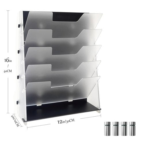 PROSPACE P0005 Acrylic 5-Tier Desktop Or Wall Mount File Organizer, 12" x 16" Vertical Hanging Document Rack with Bottom Tray, Company and Home Office Space Organization (Matte Black)