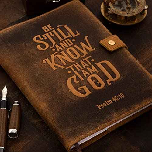 Refillable Leather Journal Lined Notebook, Bible Journal Psalm 46v10 Embossed Bible Verse | Christian Journal, Refillable Notebook for Men and Women Pen Holder & Card Slots, 200 Pages, 9 x 6 Inches