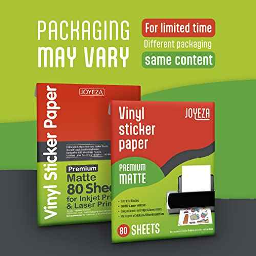 JOYEZA Premium Printable Vinyl Sticker Paper for Inkjet Printer - 80 Sheets Matte White Waterproof, Dries Quickly Vivid Colors, Holds Ink Well- Tear Resistant - Inkjet & Laser Printer